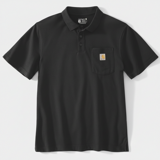 Black polo shirt with a pocket on a white background