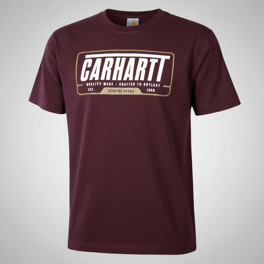 Maroon t-shirt with Carhartt logo on a white background