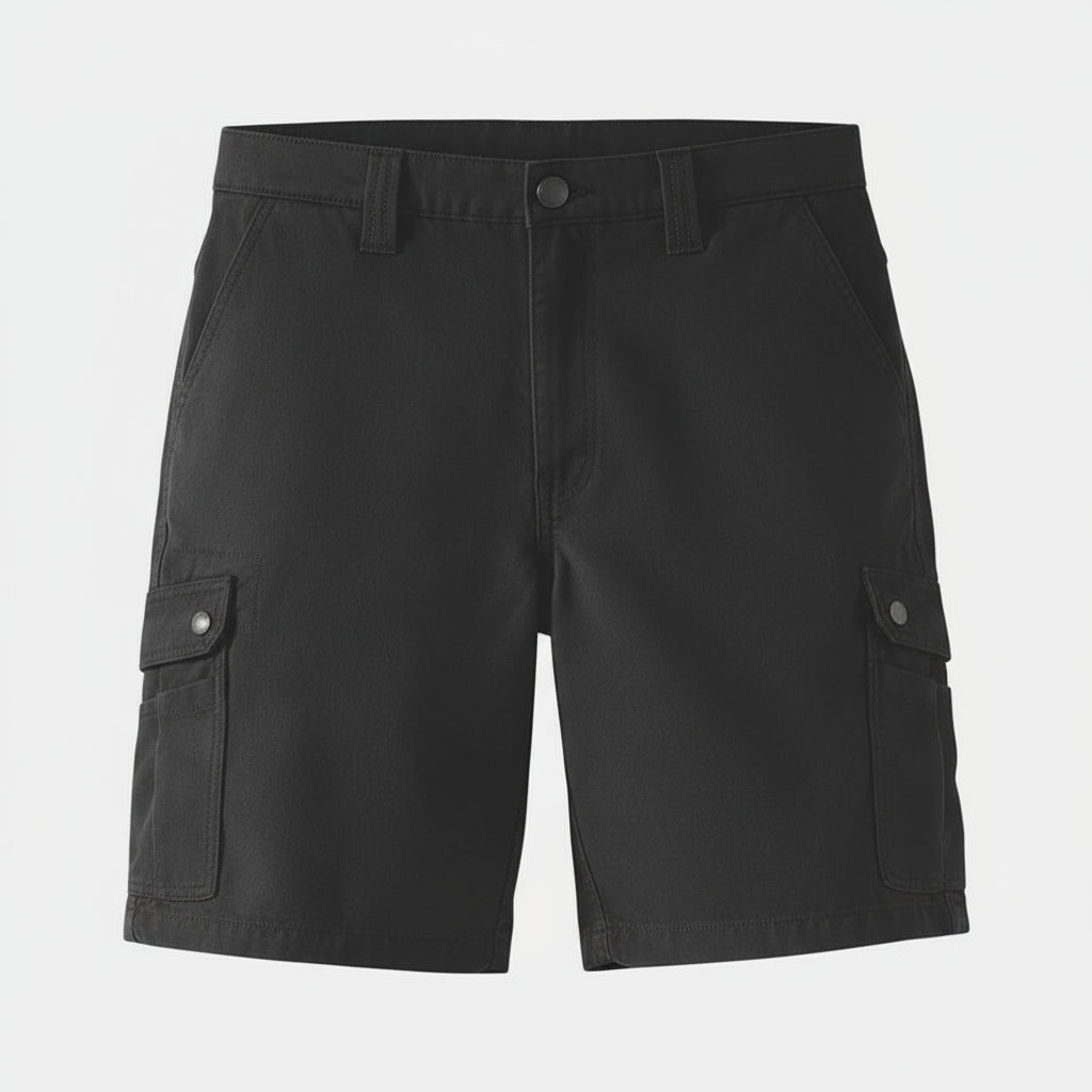 Black cargo shorts with Carhartt logo on a white background