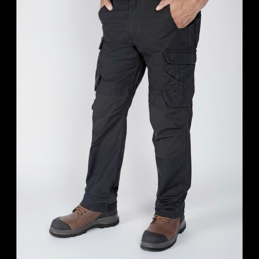 Black cargo pants worn by a person on a white background