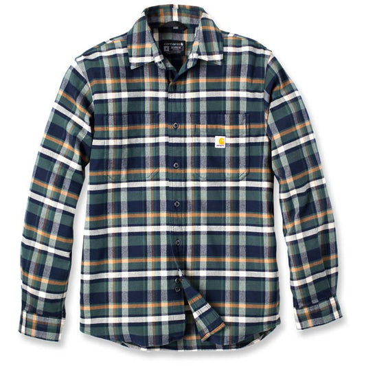 Carhartt Relaxed Fit Stretch Plaid Flannel Shirt Midweight- NAVY GREEN/BLUE Checkered