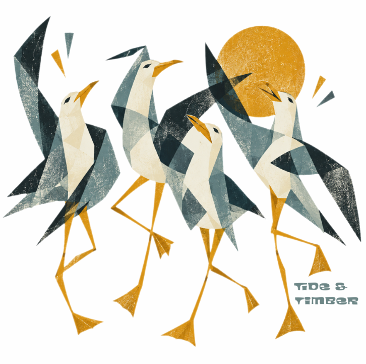 A stylized graphic artwork showing four birds in geometric, faceted shapes with cream, slate blue-gray, and mustard yellow tones, set against a white background with a large yellow sun and the text 'TIDE & TIMBER' in the lower right.